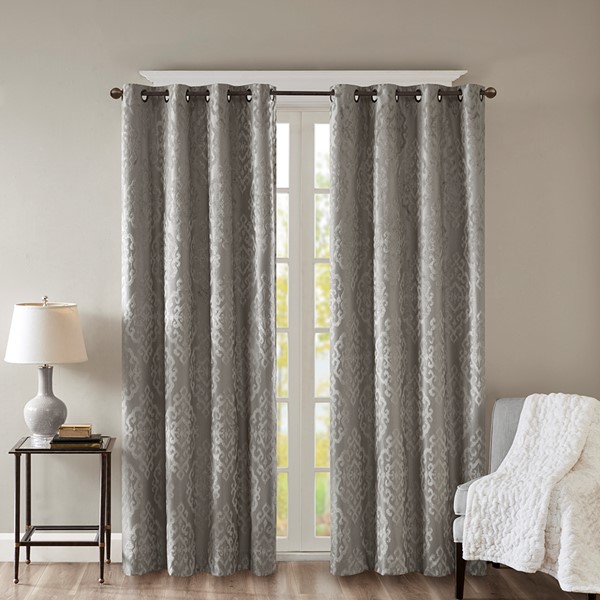 SunSmart Mirage Knitted Jacquard Damask Total Blackout Grommet Top Curtain Panel in Charcoal, 50x84" SS40-0019