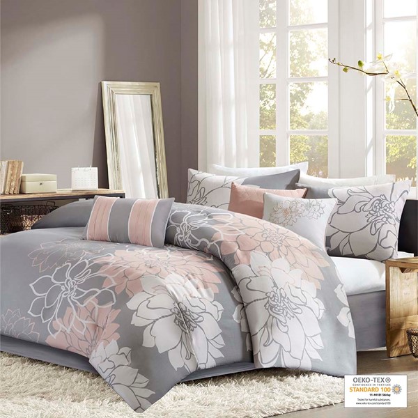 Madison Park Lola Printed Cotton Sateen Comforter Set in Grey/Peach, King MP10-5671