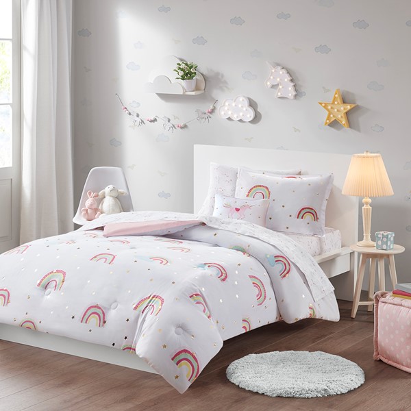 Mi Zone Kids Alicia Rainbow and Metallic Stars Comforter Set with Bed Sheets in White, Full MZK10-264