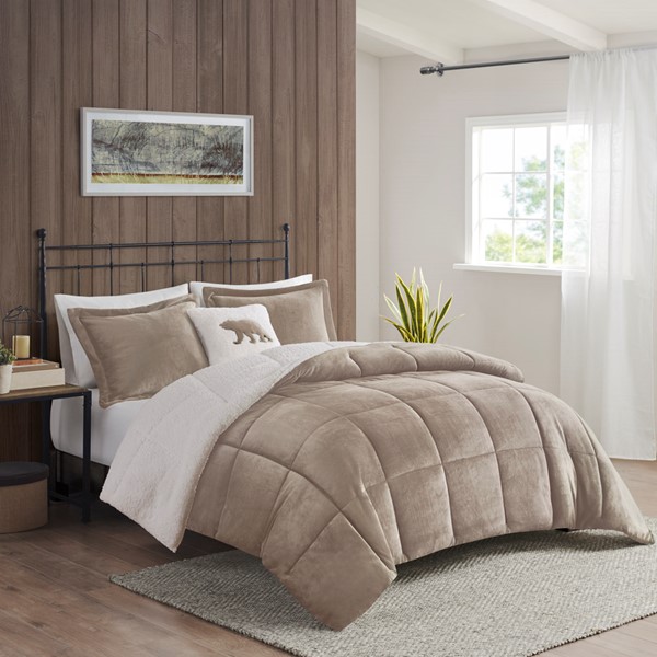 Woolrich Alton Plush to Sherpa Down Alternative Comforter Set in Taupe/Ivory, Full/Queen WR10-2417