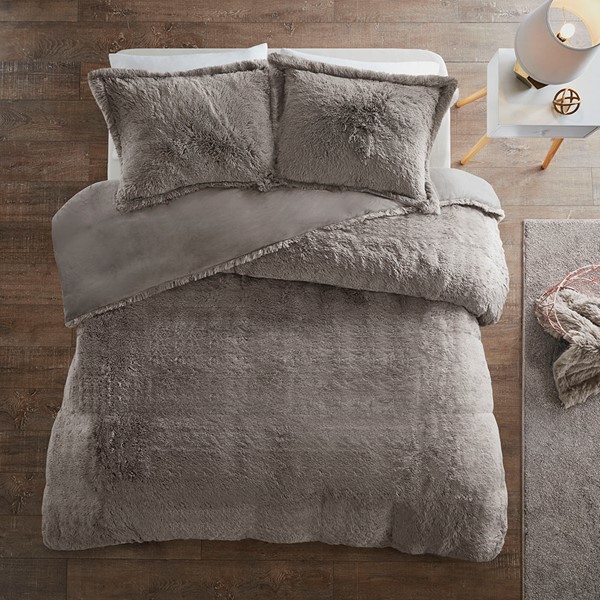 Intelligent Design Malea Shaggy Fur Duvet Cover Set in Grey, King ID12-1928