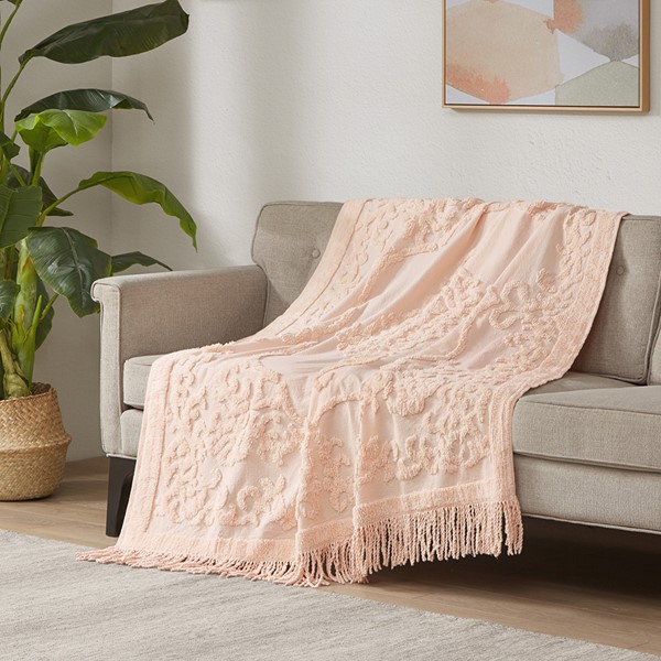 Madison Park Chloe 100% Cotton Tufted Chenille Lightweight Throw With Fringe Tassel in Blush, 50x60" MP50N-5511