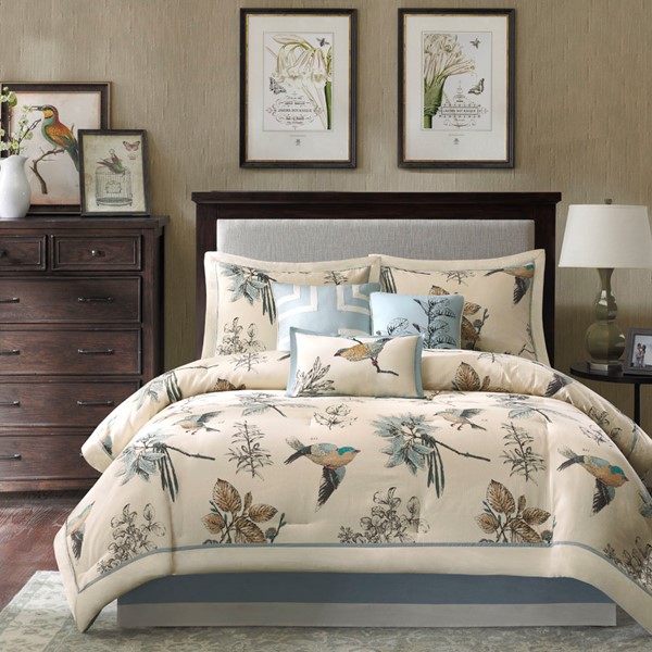 Madison Park Quincy 7 Piece Printed Cotton Twill Comforter Set in Khaki, Queen MP10-758