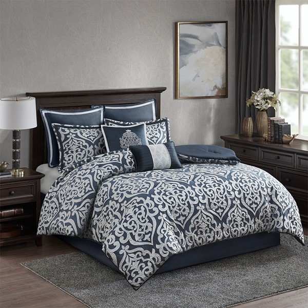 Madison Park Odette 8 Piece Jacquard Comforter Set in Navy/Silver, King MP10-6837