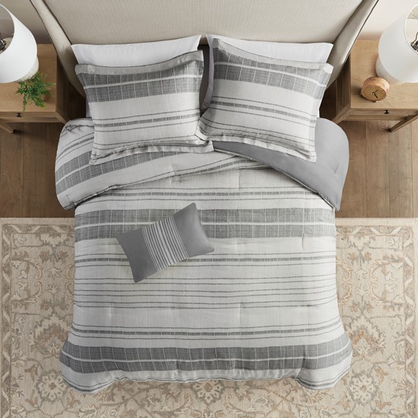 Madison Park Rhodes 4 Piece Stripe Comforter Set with Throw Pillow in Grey/Multi, King/Cal King MP10-8372