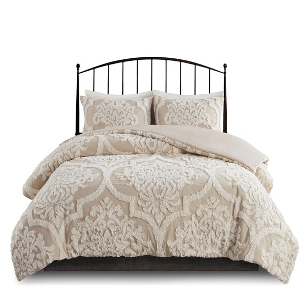 Madison Park Viola 3 Piece Tufted Cotton Chenille Damask Comforter Set in Taupe, Full/Queen MP10-7102