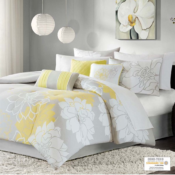 Madison Park Lola Printed Cotton Sateen Comforter Set in Taupe Grey/Yellow, Cal King MP10-175