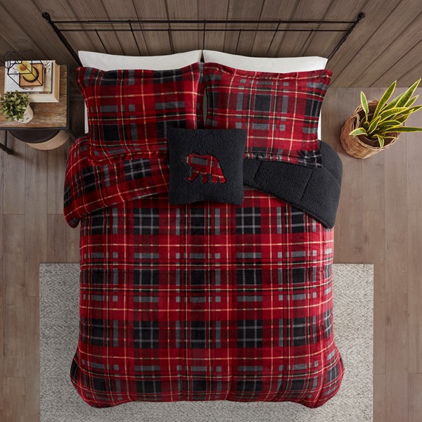 Woolrich Alton Plush to Sherpa Down Alternative Comforter Set in Red Plaid, Full/Queen WR10-3102