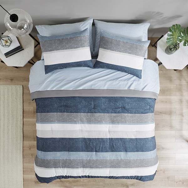 Madison Park Essentials Jaxon Stripe Comforter Set with Bed Sheets in Blue/Grey, Twin MPE10-985