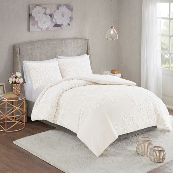 Madison Park Veronica 3 Piece Tufted Cotton Chenille Floral Comforter Set in Off-White, King/Cal King MP10-7824