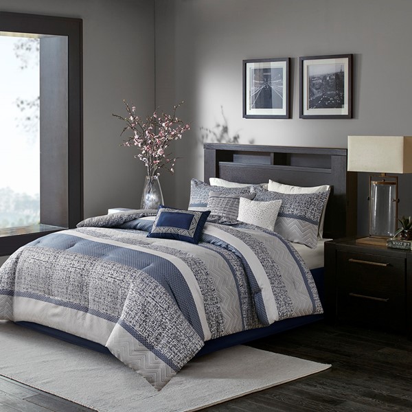 Madison Park Rhapsody 7 Piece Jacquard Comforter Set in Navy, Queen MP10-7420