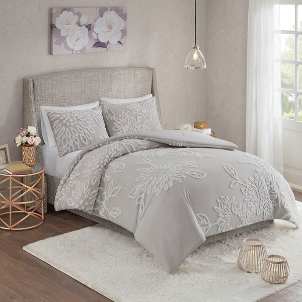 Madison Park Veronica 3 Piece Tufted Cotton Chenille Floral Comforter Set in Warm Grey/White, Full/Queen MP10-6392