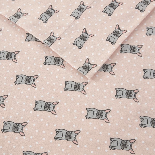 True North by Sleep Philosophy Cozy Cotton Flannel Printed Sheet Set in Pink French Bulldog, Twin TN20-0227