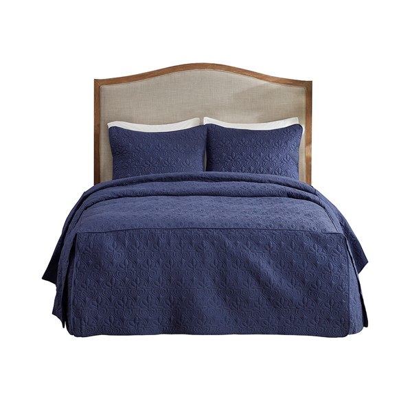 Madison Park Quebec 3 Piece Split Corner Pleated Quilted Bedspread in Navy, Queen MP13-6480