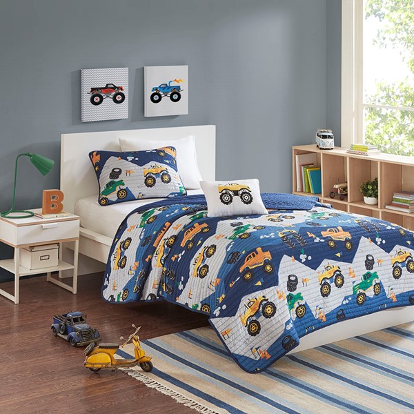 Mi Zone Kids Nash Monster Truck Reversible Quilt Set with Throw Pillow in Blue, Full/Queen MZK13-167