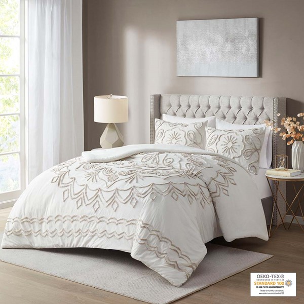 Madison Park Violette 3 Piece Tufted Cotton Chenille Comforter Set in Ivory/Taupe, King/Cal King MP10-7141