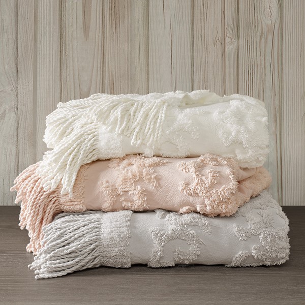 Madison Park Chloe 100% Cotton Tufted Chenille Lightweight Throw With Fringe Tassel in Blush, 50x60" MP50N-5511