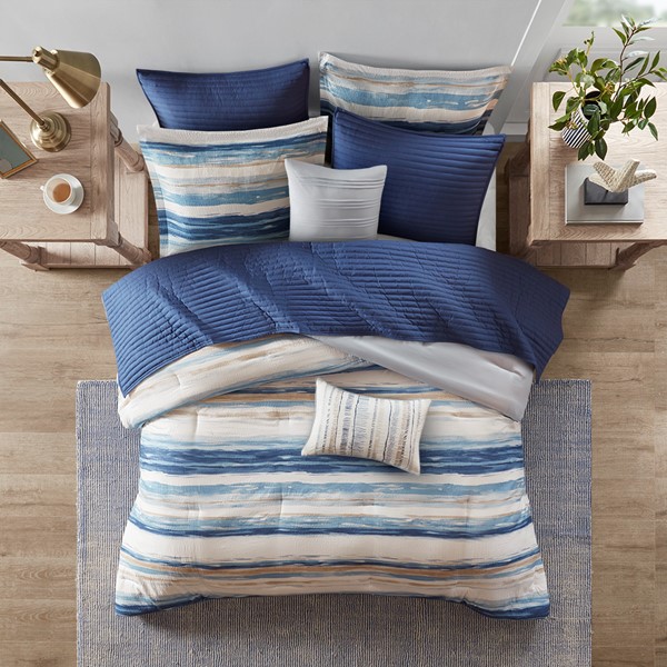 Madison Park Marina 8 Piece Printed Seersucker Comforter and Quilt Set Collection in Blue, Full/Queen MP10-6155