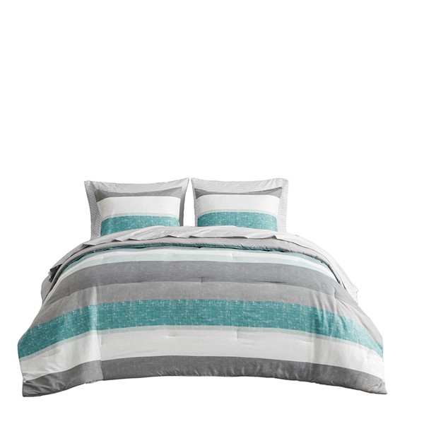 Madison Park Essentials Jaxon Stripe Comforter Set with Bed Sheets in Aqua/Grey, Full MPE10-1032