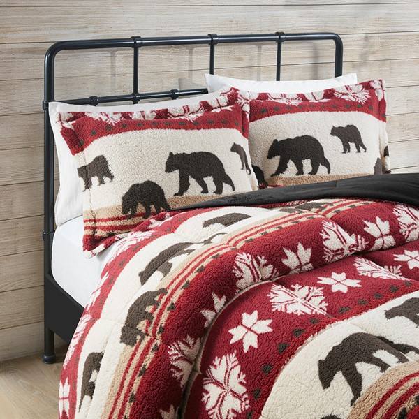 Woolrich Tunbridge Print Sherpa Comforter Set in Red/Black, Full/Queen WR10-3857