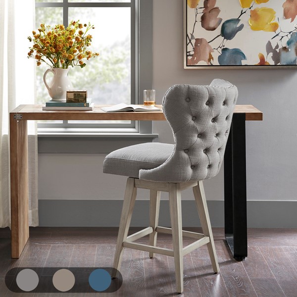 Madison Park Hancock High Wingback Button Tufted Upholstered 27" Swivel Counter Stool with Nailhead Accent in Grey MP104-0716