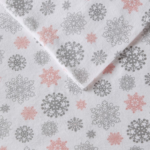 True North by Sleep Philosophy Cozy Cotton Flannel Printed Sheet Set in Pink/Grey Snowflakes, Queen TN20-0068