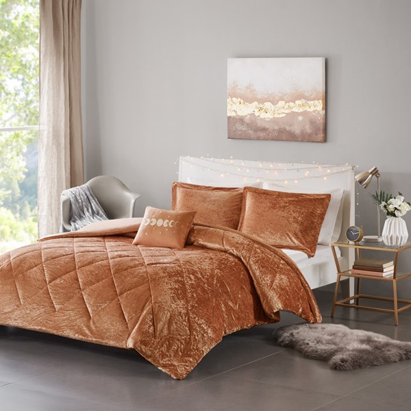 Intelligent Design Felicia Velvet Duvet Cover Set with Throw Pillow in Rust, Twin/Twin XL ID12-2409