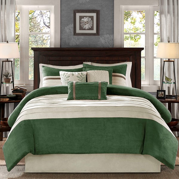 Madison Park Palmer 7 Piece Pieced Faux Suede Comforter Set in Green, King MP10-7489