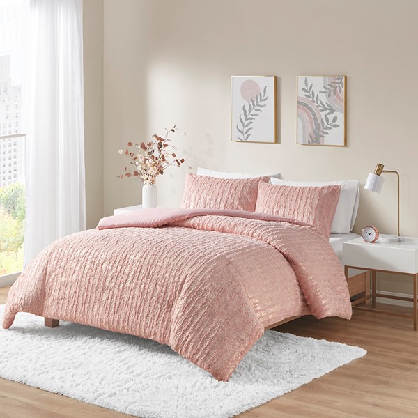 Intelligent Design Naomi Metallic Print Faux Fur Duvet Cover Set in Blush/Gold, Full/Queen ID12-2248