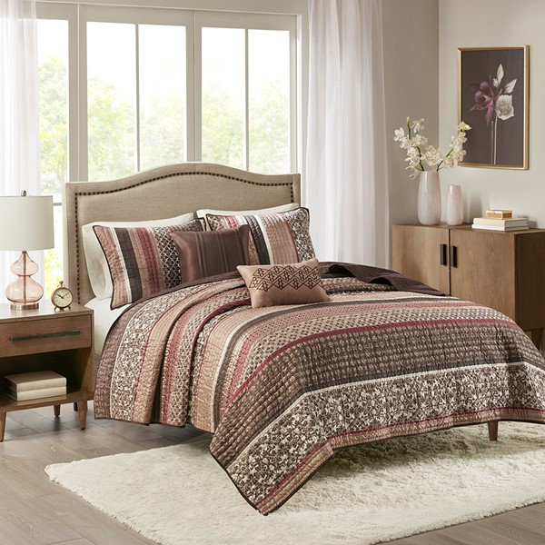 Madison Park Princeton 5 Piece Jacquard Quilt Set with Throw Pillows in Red, Full/Queen MP13-615