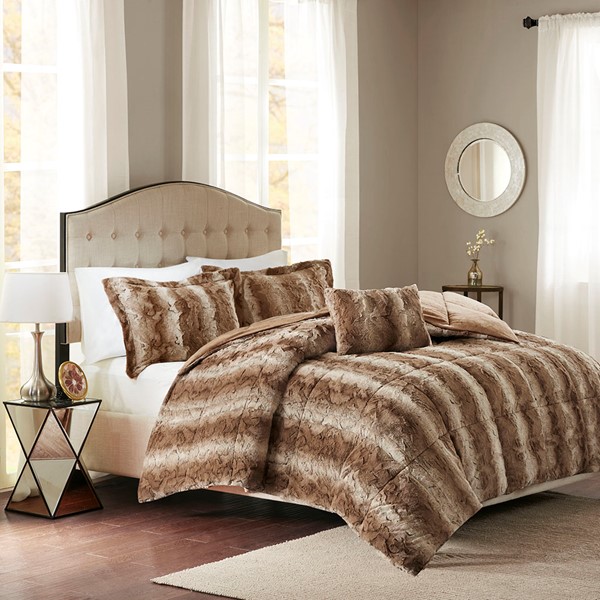 Madison Park Zuri Faux Fur Comforter Set in Tan, Full/Queen MP10-3072