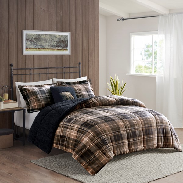 Woolrich Alton Plush to Sherpa Down Alternative Comforter Set in Brown/Black, Full/Queen WR10-3105