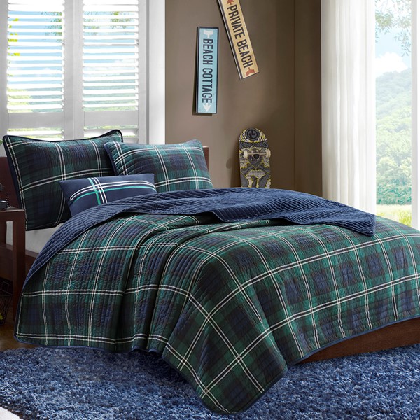 Mi Zone Brody Reversible Quilt Set with Throw Pillow in Blue, Full/Queen MZ80-294