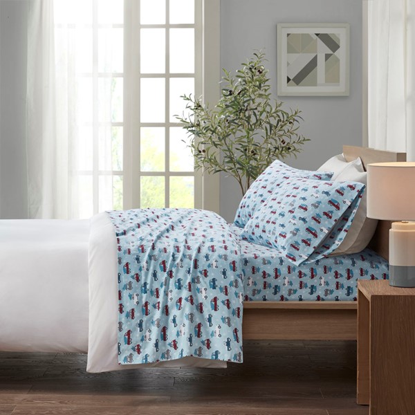 True North by Sleep Philosophy Cozy Cotton Flannel Printed Sheet Set in Blue Cars, Queen TN20-0469