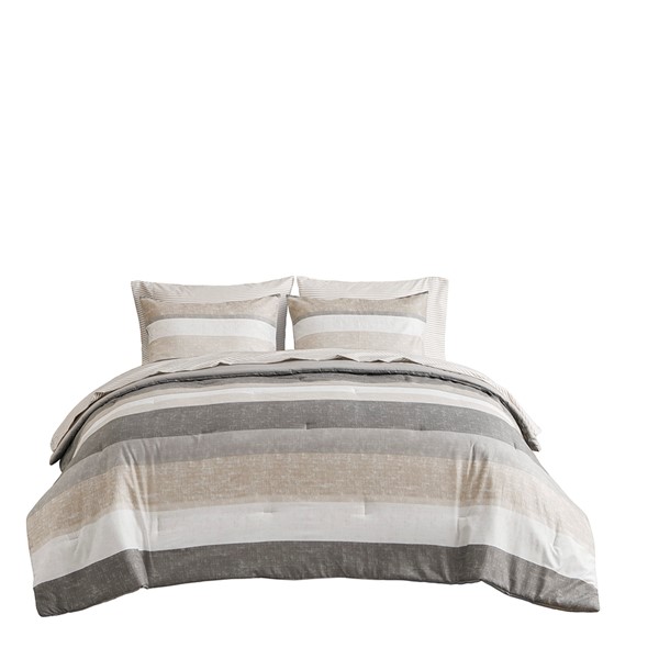 Madison Park Essentials Jaxon Stripe Comforter Set with Bed Sheets in Taupe/Grey, Full MPE10-1037