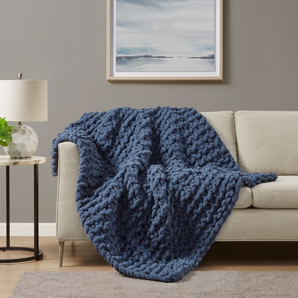 Madison Park Chenille Chunky Knit Throw in Navy Blue, 50x60" MP50-8238