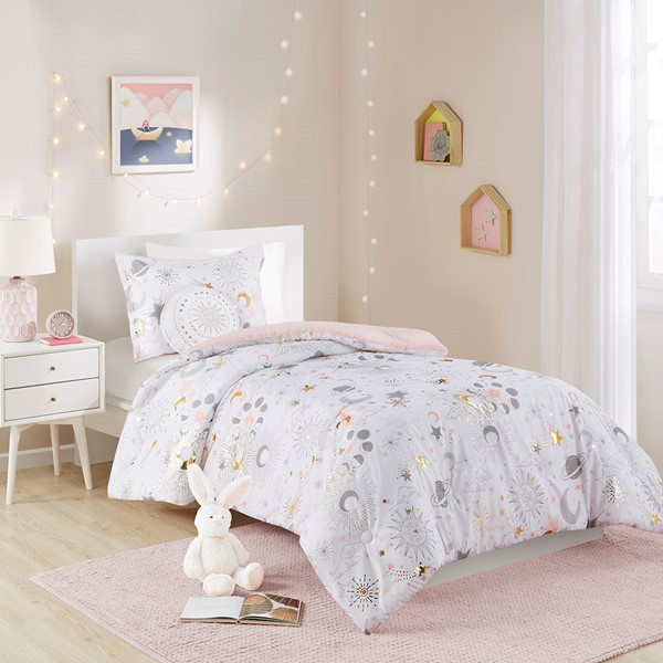 Mi Zone Kids Celia Starry Sky Metallic Comforter Set with Throw Pillow in Blush/Gold, Full/Queen MZK10-227