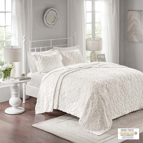 Madison Park Sabrina 3 Piece Tufted Cotton Chenille Bedspread Set in Off-White, Full/Queen MP13-5320