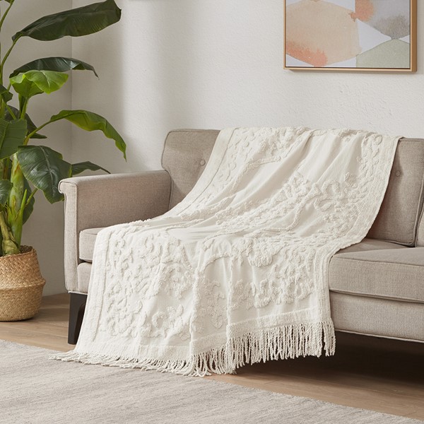 Madison Park Chloe 100% Cotton Tufted Chenille Lightweight Throw With Fringe Tassel in Ivory, 50x60" MP50N-5513