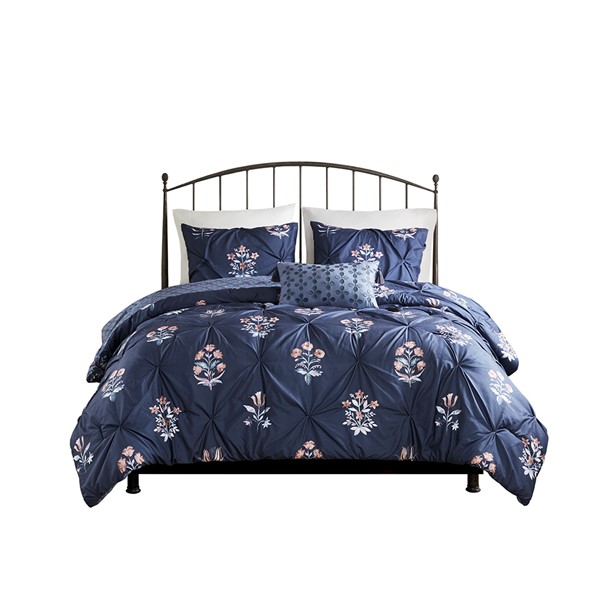 Madison Park Marfa 4 Piece Pintuck Comforter Set with Throw Pillow in Navy, King/Cal King MP10-8411