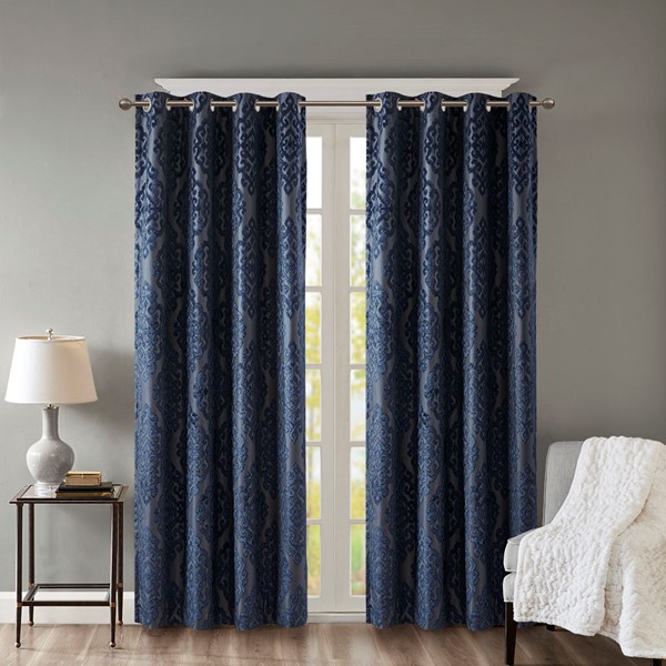 SunSmart Mirage Knitted Jacquard Damask Total Blackout Grommet Top Curtain Panel in Navy, 50x108" SS40-0103