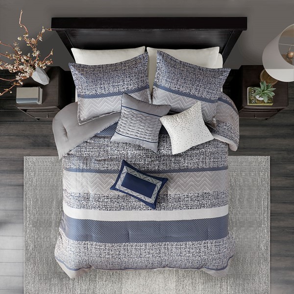 Madison Park Rhapsody 7 Piece Jacquard Comforter Set in Navy, Queen MP10-7420