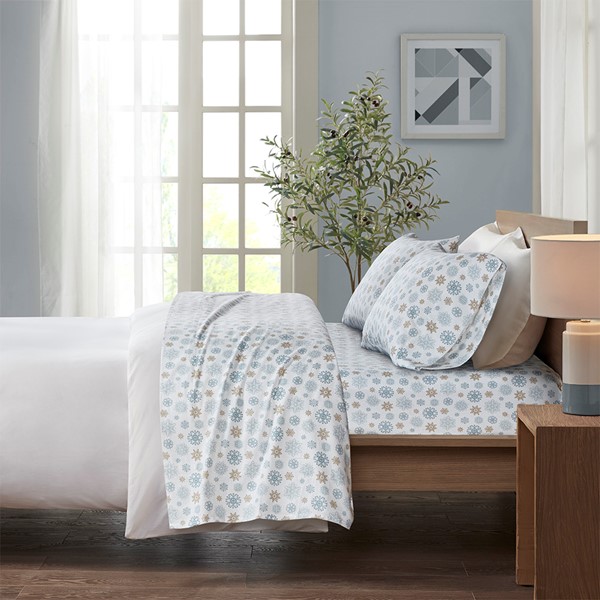 True North by Sleep Philosophy Cozy Cotton Flannel Printed Sheet Set in Tan/Blue Snowflakes, Queen TN20-0063