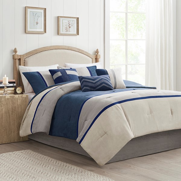 Madison Park Palisades 7 Piece Faux Suede Comforter Set in Blue, Cal King MP10-1318