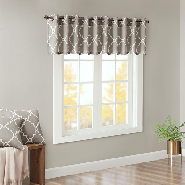 Madison Park Saratoga Fretwork Print Grommet Top Window Valance in Grey/White, 50x18" MP41-2020