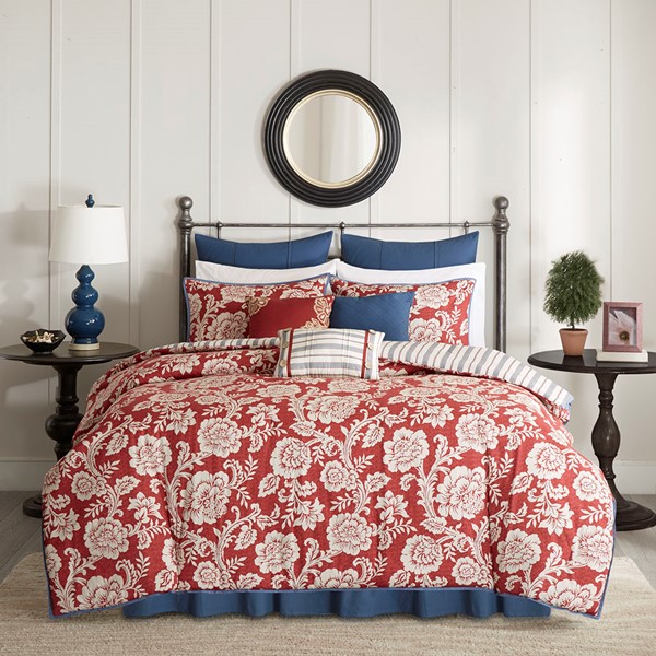 Madison Park Lucy 9 Piece Cotton Twill Reversible Comforter Set in Red, Cal King MP10-3662