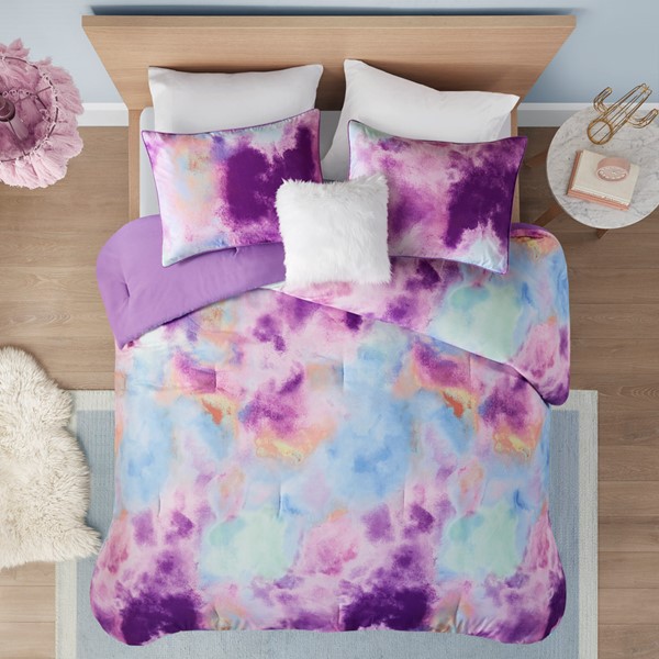 Intelligent Design Cassiopeia Watercolor Tie Dye Printed Comforter Set with Throw Pillow in Lavender, Twin/Twin XL ID10-2255