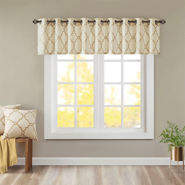 Madison Park Saratoga Fretwork Print Grommet Top Window Valance in Beige/Gold, 50x18" MP41-3601