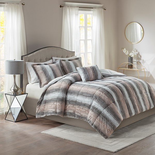 Madison Park Zuri Faux Fur Comforter Set in Blush/Grey, King MP10-6295