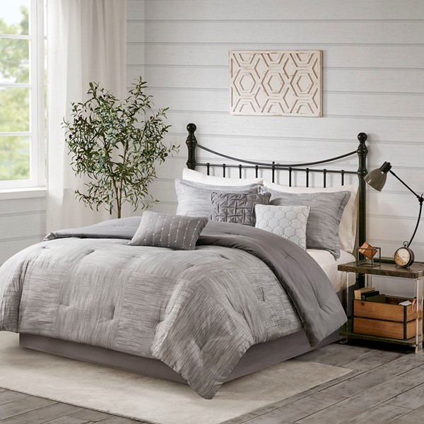 Madison Park Walter 7 Piece Printed Seersucker Comforter Set in Grey, Cal King MP10-6292